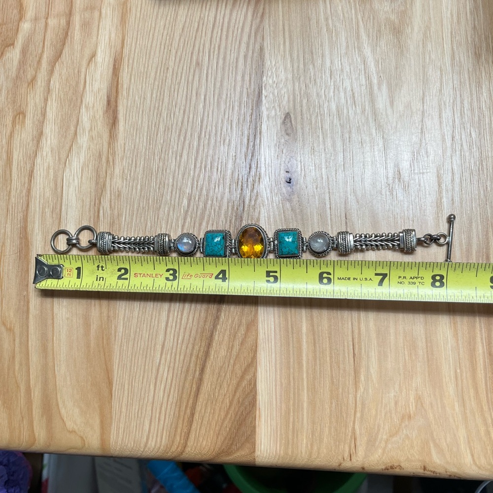 SS citrine turquoise and moonstone Bali style bracelet.